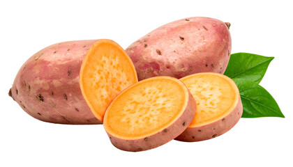 Close-up of several orange-fleshed roots, two whole, two sliced, with green leaves