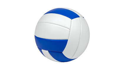 A close-up of a white and blue striped volleyball against a black backdrop