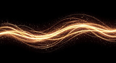 Abstract golden light trails on black background with sparkling glitter effect