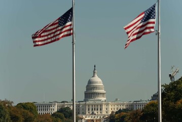 US Capitol stands tall in the background while two American flags wave in the breeze. It is a clear...