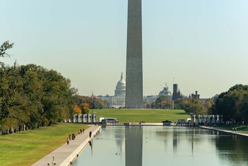 Visitors walk near the reflecting pool with the U.S. Capitol and Washington Monument in view on a sunny day in Washington DC