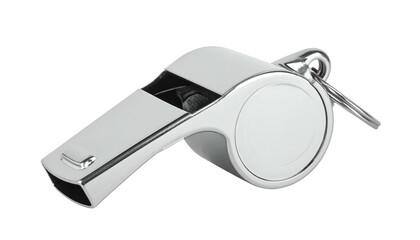 A shiny, metallic whistle rests on a black backdrop with a ring attachment