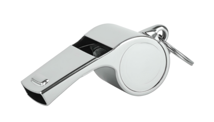 A shiny, metallic whistle rests on a black backdrop with a ring attachment