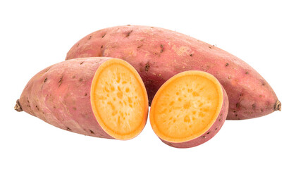Close-up of a sweet potato, one sliced open showing its vibrant orange flesh