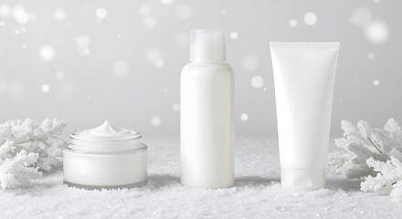 Cosmetic cream jar, bottle and tube on snowy background cosmetics white winter beauty skincare product