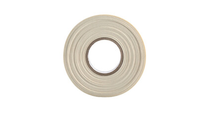 Close-up studio shot of a white roll of adhesive tape on a solid black background