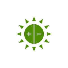 Green sun symbol with plus and minus signs representing positive and negative energy balance isolated on transparent background