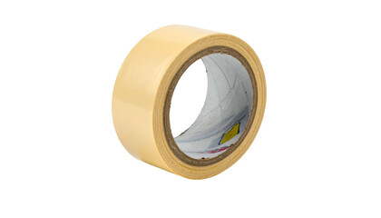 A roll of tan-colored transparent adhesive tape, showcasing the core and the sticky surface
