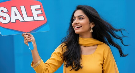 Young Indian Woman Joyfully Holds "SALE" Sign, Smiling Brightly