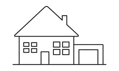 Outline drawing of house with attached garage on transparent background, simple residence