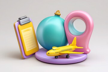 Whimsical 3d render of travel essentials airplane location pin clipboard and ornament