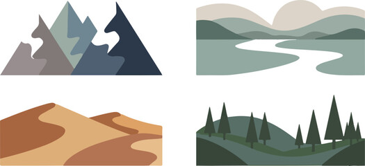 Collection of four landscape scenes mountain range lake with tree and desert with simple vector design isolated on transparent background