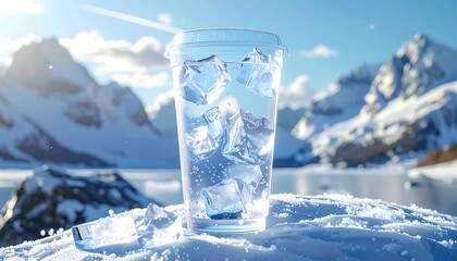 A close-up shot of a transparent cup filled with ice cubes and water, set against a snow-capped mountain range and a clear sky