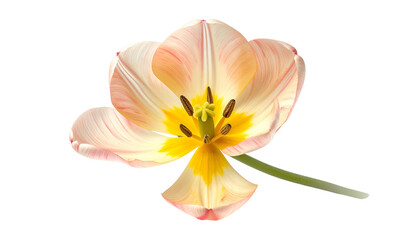 Close-up of a tulip flower in full bloom, soft pink petals and a bright yellow center