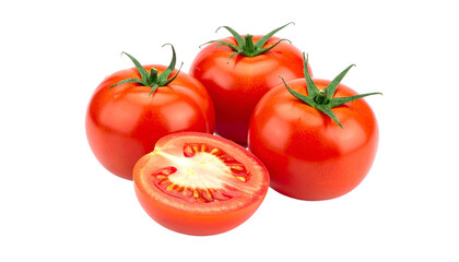 Close-up of four red, ripe tomatoes, one cut open to reveal the inside