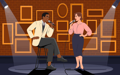 A comedic duo entertains the audience on stage with microphones in hand, highlighting collaboration and humor that brings joy and laughter in a relaxed comedy environment.