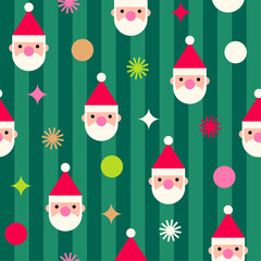 Geometric Santa Claus, dot and star with green striped seamless pattern design for Christmas and new year background.