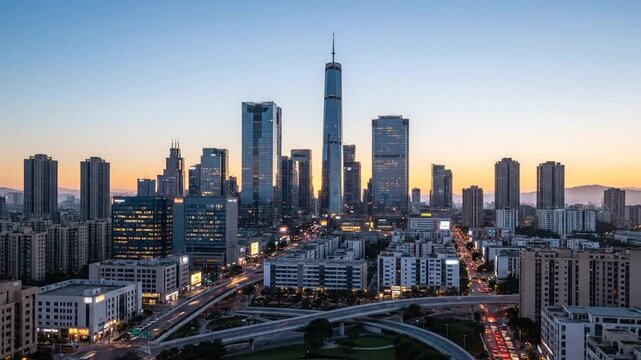 Modern city skyline at dusk with illuminated buildings and traffic trails