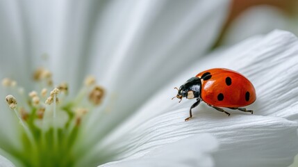 Naklejka premium Ladybug Resting on a White Flower Symbolizing Good Luck in European Belief During Springtime