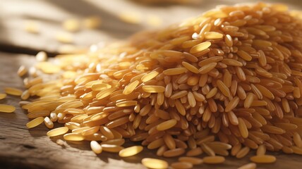 Obraz premium Close up view of golden rice grains illuminated by warm natural sunlight in photo.