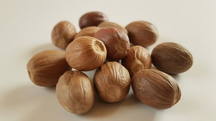Fototapeta premium Close-up photo of fresh whole nutmegs spices on a neutral white background.