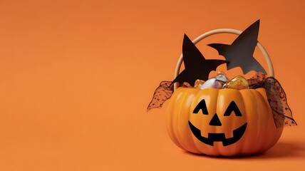 Enjoyable children's trick or treating tradition. Top-down image of a pumpkin basket with candies and Halloween decorations on orange isolated backdrop, providing copy-space for text or advertising.