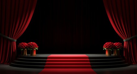 Elegant stage with red curtains and carpet for awards ceremony scene