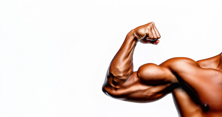 Biceps of an athlete. Muscles of the arms and shoulders. Hand of an athletic man on a white background.