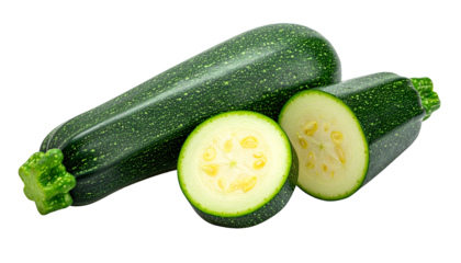 Close-up of whole and sliced elongated, green summer squash against a black background