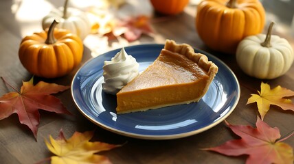 Pumpkin pie on blue plates with small pumpkins and autumn leaves setting.