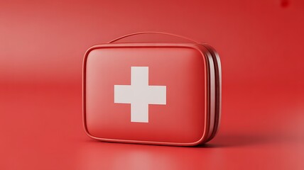 Fototapeta premium Red first aid kit with white cross on red background ready for travel and safety.