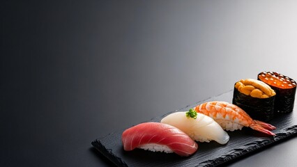 Savor vibrant sushi nigiri on a modern slate plate, a delicious Japanese culinary experience for fine dining restaurants and food bloggers to share