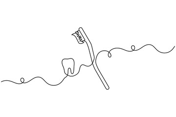 Obraz premium Toothbrush and paste a continuous one line drawing in a minimalist outline style
