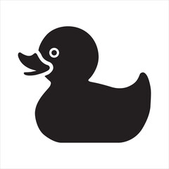 Ten black rubber duck silhouettes with white outlines are arranged in two rows, showing various cute expressions and interactions in a minimalist graphic style. Black rubber duck silhouette isolated. 