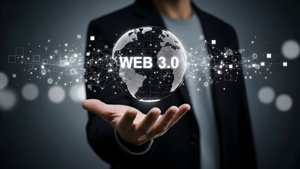 Man holding digital web 3 0 globe in his hand