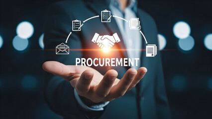 Procurement process displayed over a businessman s hand in dark
