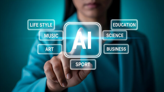 Woman using ai interface with lifestyle and education icons - Powered by Adobe