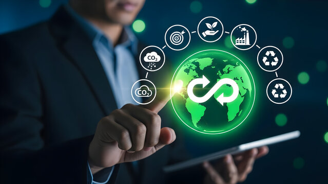 Businessman using circular economy concept on digital screen interface - Powered by Adobe
