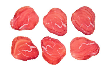 Thin sliced cured beef bresaola, rich red color and delicate marbling on clean white background.