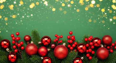 Festive green Christmas background with fir branches, red ornaments, and berries. Golden bokeh lights and sparkling snow fill the top