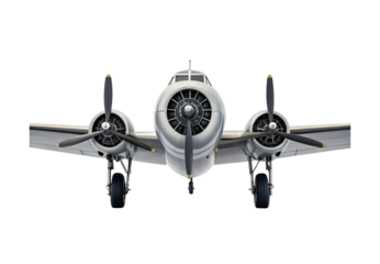 Twin-engine vintage aircraft with propellers, front view, isolated on a transparent background
