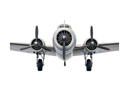 Twin-engine vintage aircraft with propellers, front view, isolated on a transparent background
