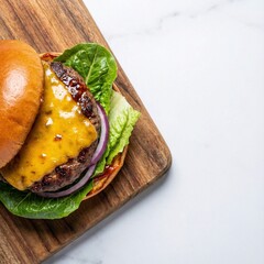 Delicious cheeseburger with fresh lettuce and red onion on rustic wooden board, perfect for restaurant menus or food blog posts - mouthwatering closeup shot
