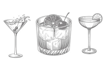 Isolated vintage style drinks set with splash illustration. daiquiri, old fashioned, manhattan, martini, sidecar glass hand drawn engraving vector. Eps 10