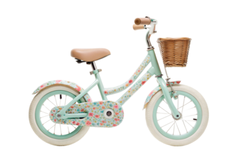 Small mint bicycle with floral pattern frame and wicker basket, isolated on a transparent background