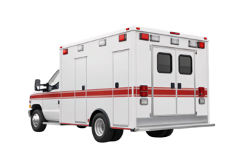 White and red emergency rescue ambulance vehicle, rear quarter view, isolated on a transparent background