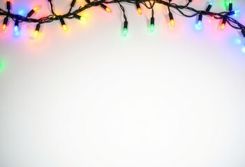 Garland of colorful festive LED lights on white background, template for greeting or gift card for Christmas, New Year, birthday, holiday, festival, anniversary, with space for text