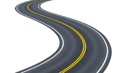 Curving Road with White and Yellow Lines on White Background