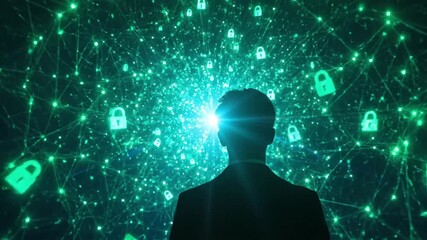 Silhouette of a person facing a glowing green digital network with padlock icons, symbolizing cybersecurity, data protection, and interconnected te... - Powered by Adobe
