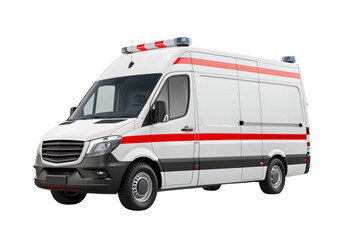 White ambulance van with red stripe and emergency lights, isolated on a transparent background